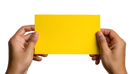 Hands Holding A4 Size Yellow Card Isolated on Transparent Background