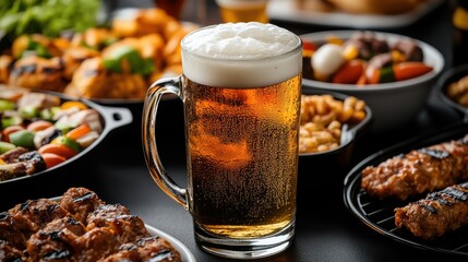 Refreshing Beer Mug Surrounded by Grilled Meat and Vegetable Dishes, BBQ Feast, Delicious Meal, Summer Party, Culinary Delights, Close-up