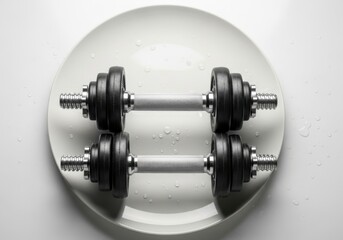Dumbbells presented on a white plate symbolizing healthy eating and fitness