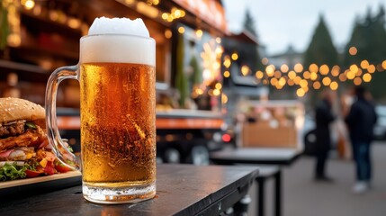 Cold Beer Mug with Burger at Outdoor Food Truck Event, Refreshing Drink, Street Food, Summer Festival, Blurred Background, Close-up
