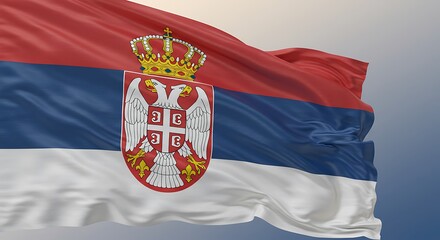 The silky national flag of Serbia displays the red, blue, and white tricolor with the lesser coat of arms