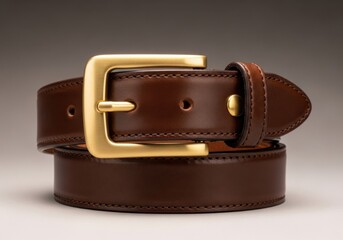 Classic brown leather belt with polished brass buckle on a neutral background