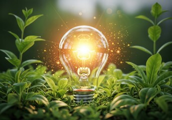 Bright idea illuminates through lush green plants symbolizing renewable energy
