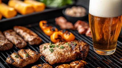 Beer and BBQ - Refreshing Lager with Grilled Meat and Vegetables on a Barbecue Grill, Summer Party, Outdoor Cooking, Food and Drink