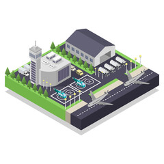 Isometric Pixel Art Airport Scene With Airplanes Helicopters Control Tower and Hangar Detailed Digital Illustration
