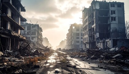 Urban devastation after catastrophic event leaves ruined buildings, rubble, destruction, and a desolate street in the aftermath of disaster and chaos.