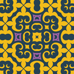 Intricate Damask Pattern Seamless Texture With Yellow and Purple Floral Motifs On Dark Blue Background Highly Detailed Geometric Design