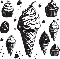 Delicious ice cream cones and cups minimal monochrome illustration