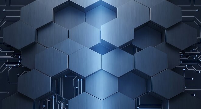 Abstract dark blue hexagonal pattern with glowing light and circuitry