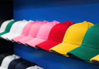 Colorful baseball caps displayed in a row on a shelf