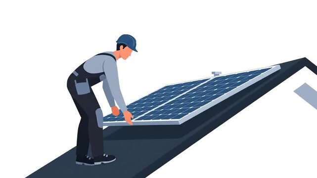 Solar Panel Installation: Technician Placing Panel on Rooftop, Energy Concept