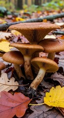 Cluster of Honey Mushrooms Amidst Autumn Leaves in a Forest Setting.