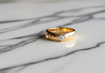 Elegant gold ring with a single diamond on a marble surface