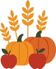 Flat illustration of harvest season scene with wheat stalks, pumpkins, and apples arranged in a clean circular layout