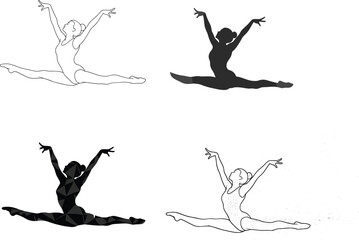 Ballet dancer leap illustration, ballerina grand jeté pose, silhouette, line art, geometric style, motion effect, abstract ballet vector set © Shafik Creatives