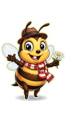 Obraz premium Cartoon Bee Character with Hat, Scarf, and Flower Illustration.