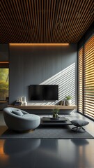 Modern Living Room Interior Design with Wooden Ceiling and Natural Light
