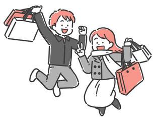 笑顔で買い物をする若い男女の2色イラスト