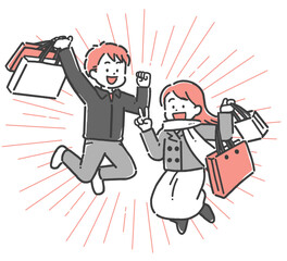 買い物をして喜ぶ若い男女の2色イラスト