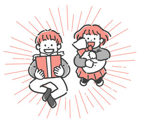 プレゼントをもらって喜ぶ男の子と女の子の2色イラスト