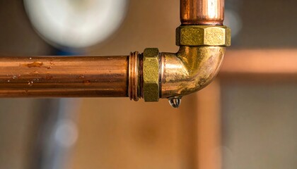 Copper pipe leaking water drop indicates plumbing issue, requiring repair to prevent water damage and maintain efficient water supply system.
