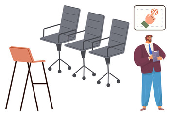 Fototapeta premium Businessman holding documents near a tall stool, three office chairs, and a touch interaction icon. Ideal for business strategy, workplace design, team meeting, collaboration, decision-making
