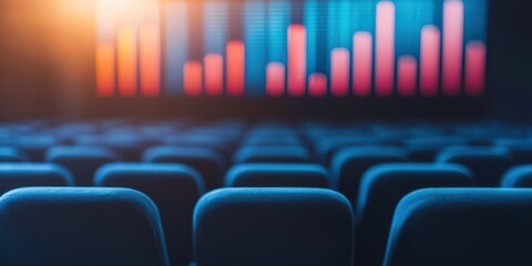 A blurred view of empty theater seats with vibrant digital graphs in the background, creating a modern and tech-driven atmosphere.