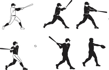 Baseball player silhouette vector illustration, dynamic sports action poses, batting, swinging, catching movements, isolated black and white artwork for stock content