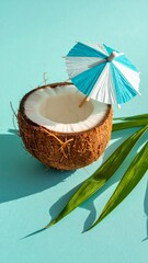 Tropical Coconut Half with Cocktail Umbrella, Palm Leaves on Blue - Summer Refreshment