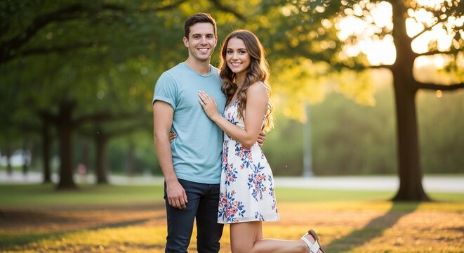 Happy Young Couple Standing Together in Park, Romantic Relationship Portrait