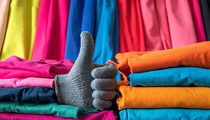 Colorful textiles thumbs up approval, cozy knitted glove signals satisfaction with quality and variety of folded vibrant clothing in fabric store.