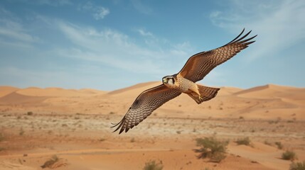A falcon soaring above the desert landscape with a clear blue sky and sand dunes visible behind it