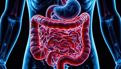 Detailed medical visualization of the digestive system showing stomach and intestines for health and wellness campaigns or educational science projects