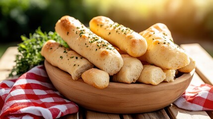 Rustic Wooden Bowl Filled with Freshly Baked Garlic Breadsticks: Outdoor Setting with Gingham Cloth and Greenery for a Delicious Appetizer