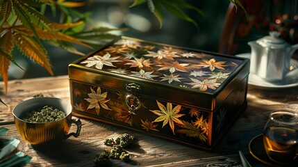 A photo of a cannabis tea box with artistic