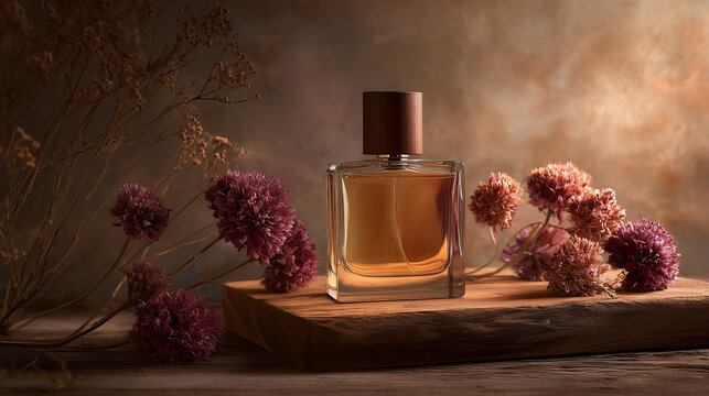 tudio Perfume Bottle on Wooden Board with Soft Gradient Background and Natural Lighting