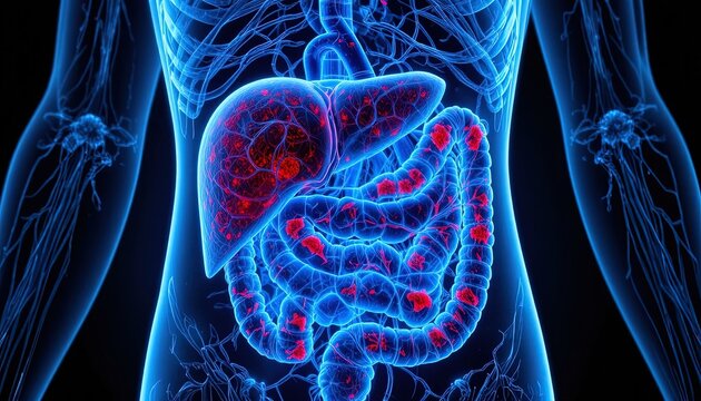 Vibrant 3D rendering of human liver and intestines with illuminated veins, ideal for medical illustrations, anatomy studies, and healthcare marketing materials - Powered by Adobe
