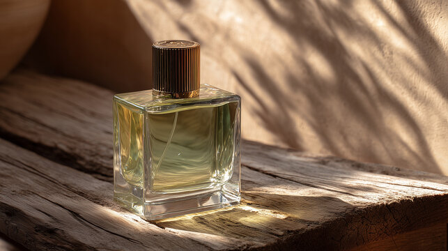 tudio Perfume Bottle on Wooden Board with Soft Gradient Background and Natural Lighting