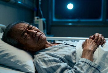 Elderly Patient in Hospital Senior man resting in a hospital bed with a distressed expression
