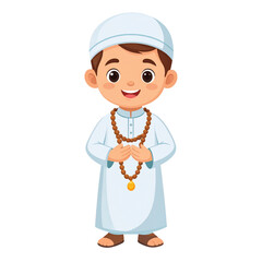 Vector PNG illustration of a cheerful Muslim boy holding prayer beads, symbolizing faith and devotion. Ideal for religious, educational, and cultural content