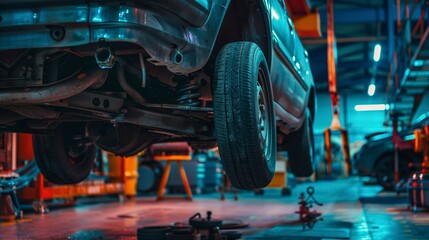 A photo of a car with a raised axle for maintenance.