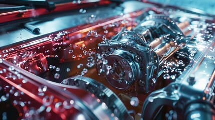 A photo of a car with its timing belt being replaced.