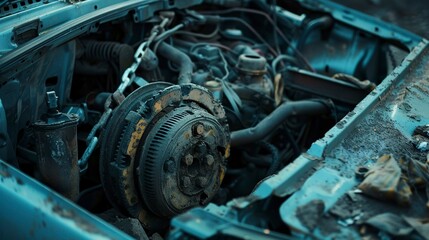 A photo of a car with its timing belt being replaced.