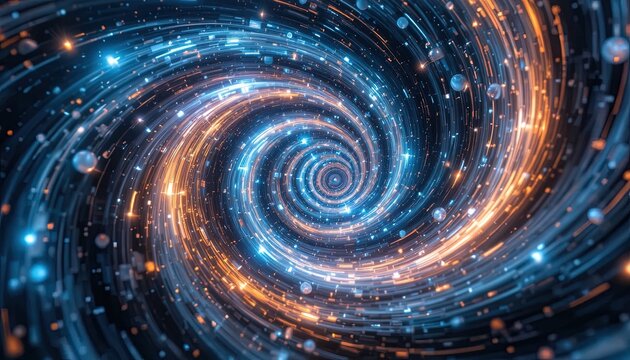 Dive into the swirling vortex of vibrant blue and orange light trails, a modern digital concept for technology, innovation, and futuristic visuals