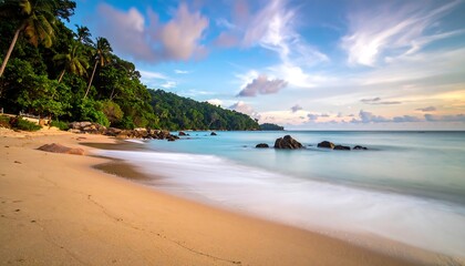 Fototapeta premium Tropical beach with sand, water, trees, and sky