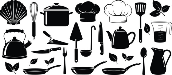 Kitchen utensil silhouette vector, black-and-white cooking tools illustration, chef hat, pot, whisk, pan, pitcher, teapot, food prep icon set