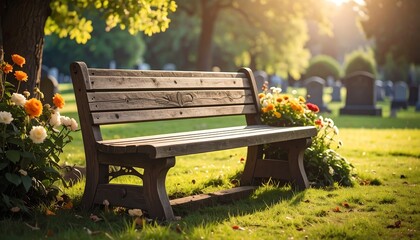Wooden bench in peaceful cemetery, sunlight filtering through trees, gravestones in background, surrounded by blooming flowers, serene and reflective outdoor scene.