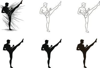 Martial arts high kick silhouette, male figure pose variations, dynamic movement illustration, anatomy study, sports action vector, editable style collection