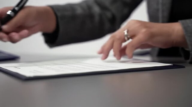well-manicured hands in a business jacket sign document with black pen on grey desk, then flip ledger page under soft studio light. concept of corporate professionalism