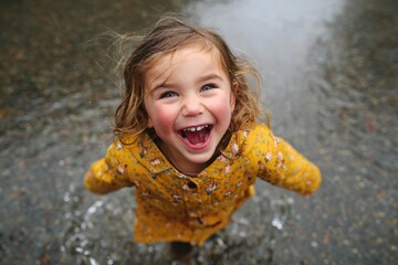 Joyful child playing in rain wearing yellow coat